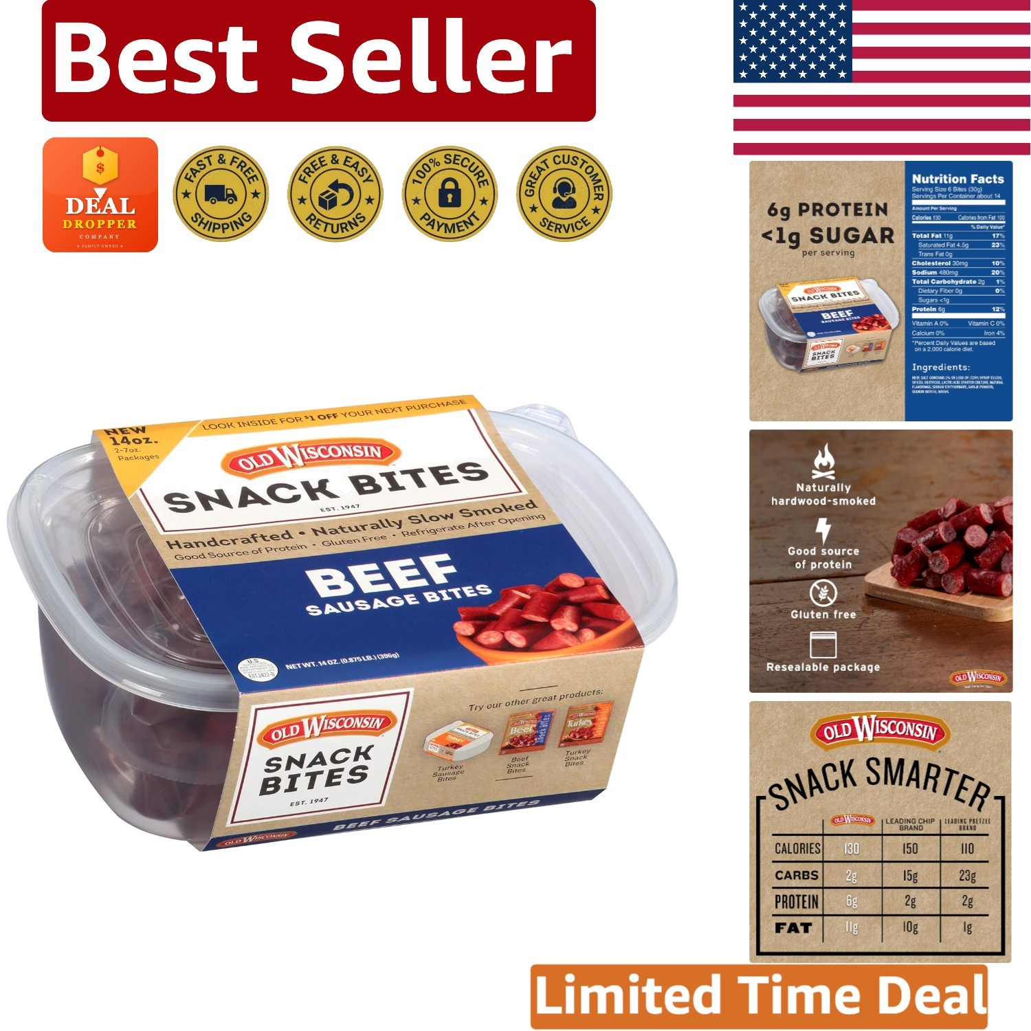 Ready-to-Eat Beef Snack Bites - Hardwood Smoked, Low Carb, 14oz Resealable Tub