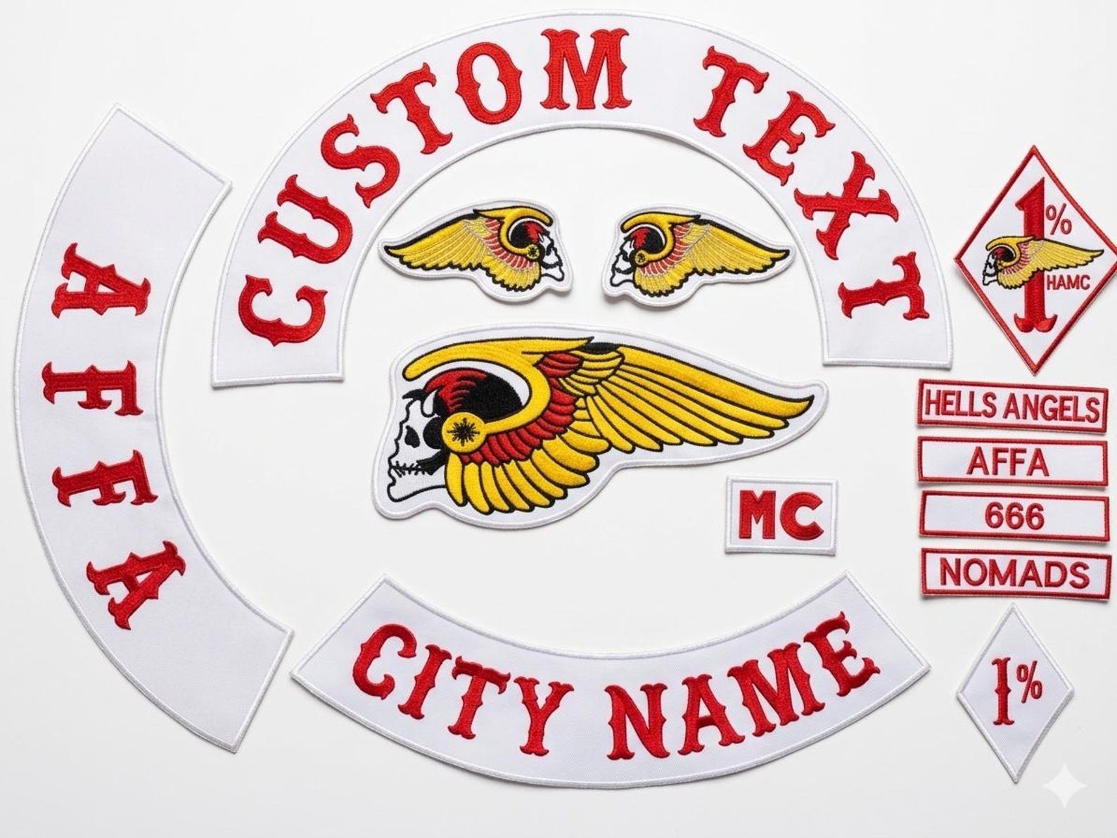 Custom 3 Piece Embroidered Biker Patch Set - Personalized Red and White...