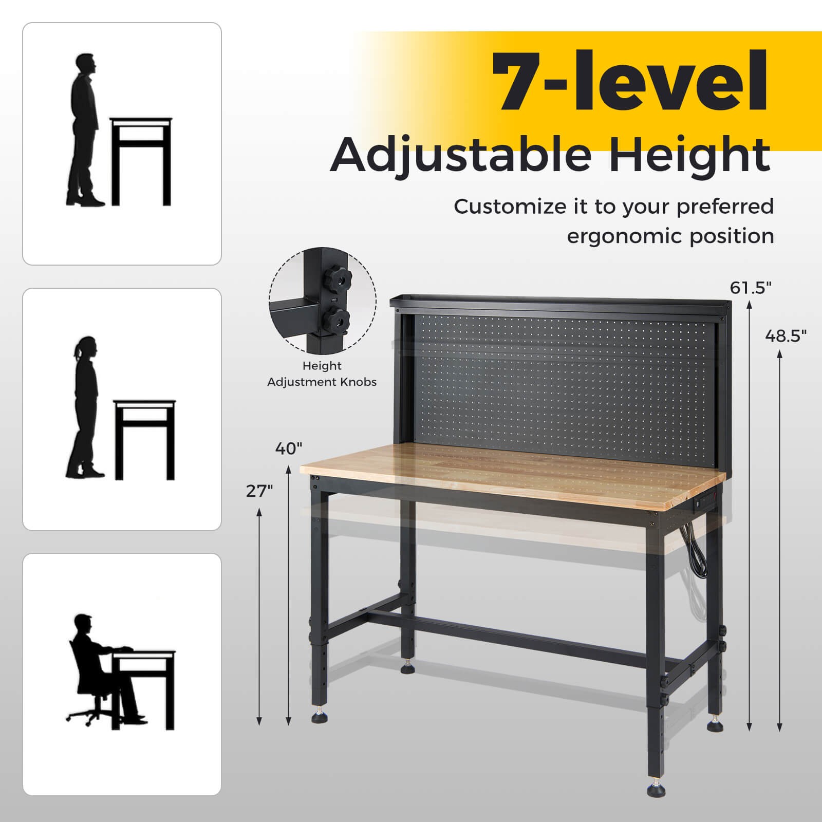 Heavy Duty Workbench with AC/USB Outlets and Pegboard, Max Load 2000 LBS