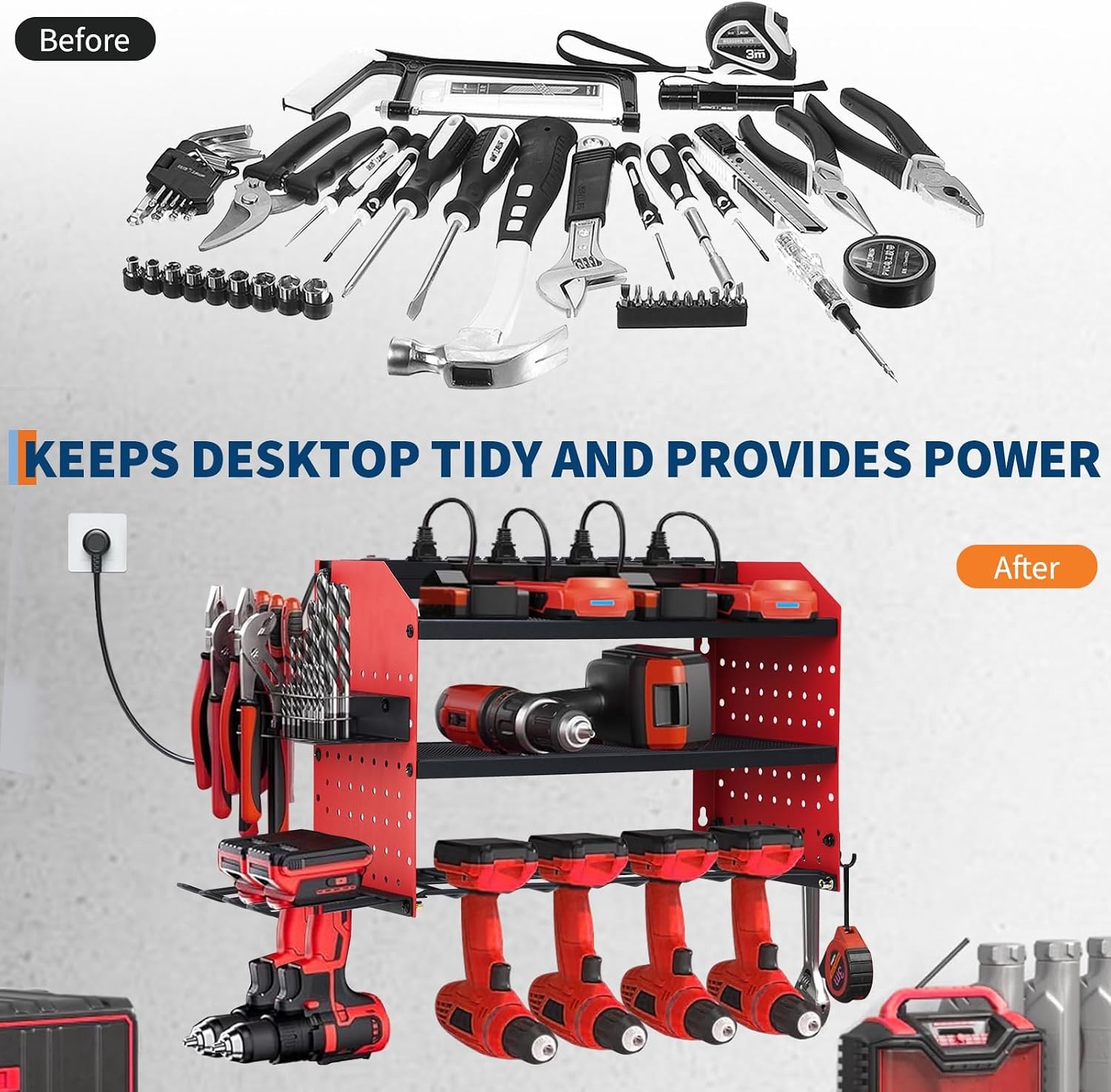 Power Tool Organizer Wall Mount 3-Layer Drill Storage Rack 4-Slot Drill Holders