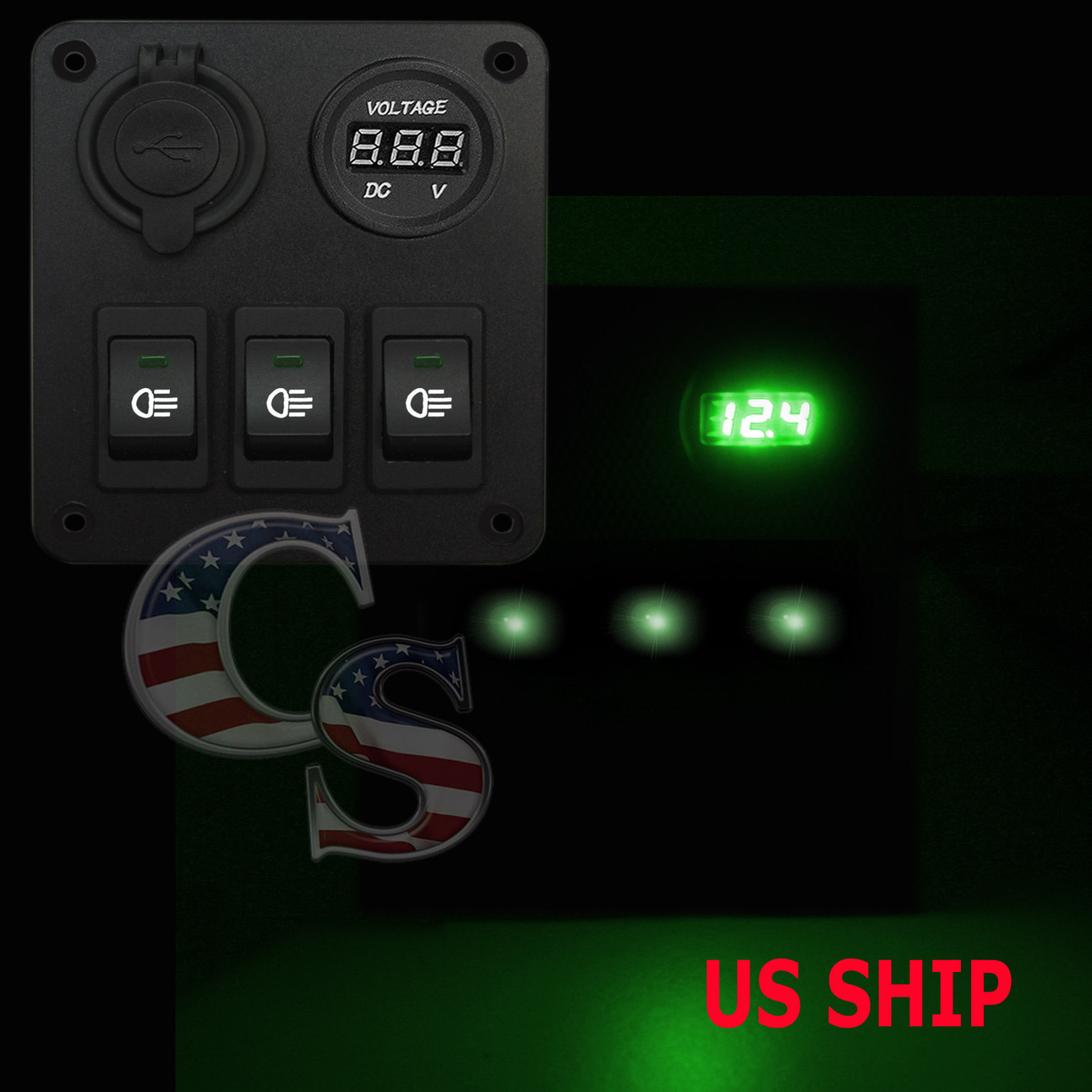 Green 35A 3 Gang Car Rocker Switch Panel USB Socket Power Plug Voltmeter Charger