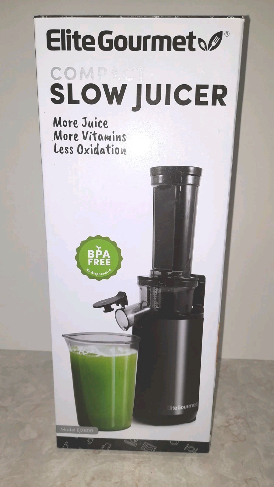 Elite Gourmet Compact Masticating Cold Press Slow Juicer, Black