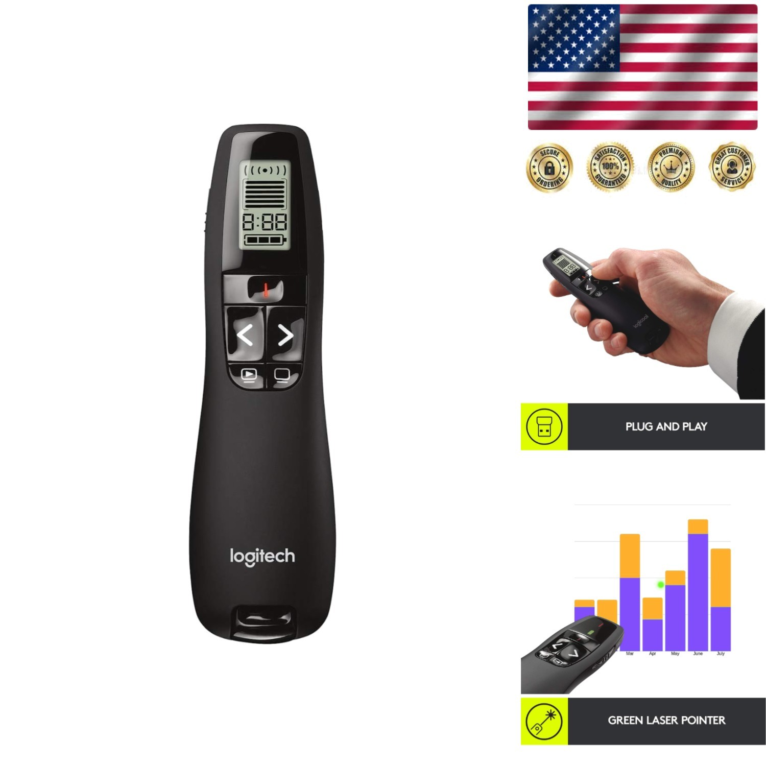 Effortless Wireless Presentation Clicker with 100' Range & Green Laser - R800