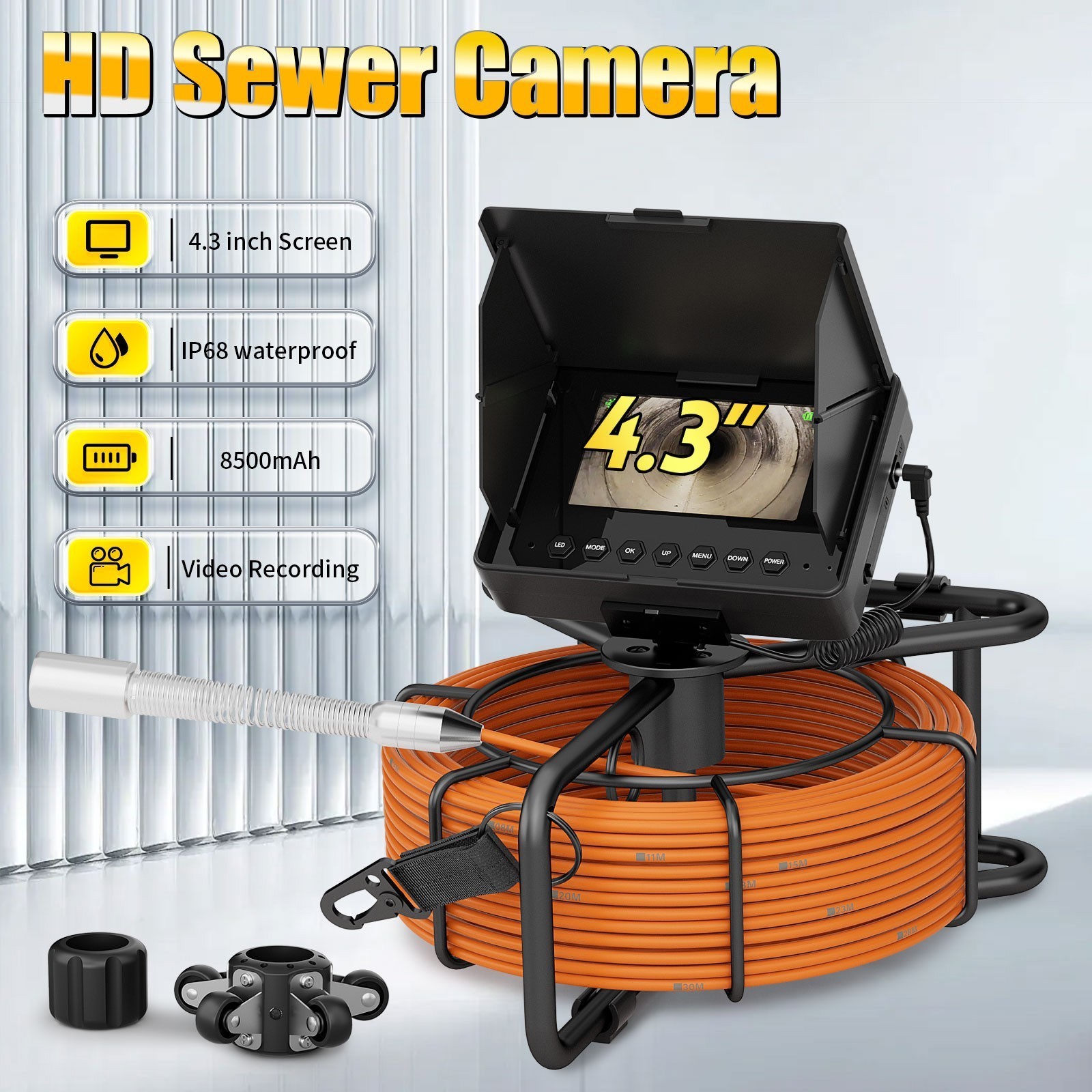 30M Sewer Pipe Inspection Camera 4.3" Monitor Drain Sewer Pipeline Endoscope