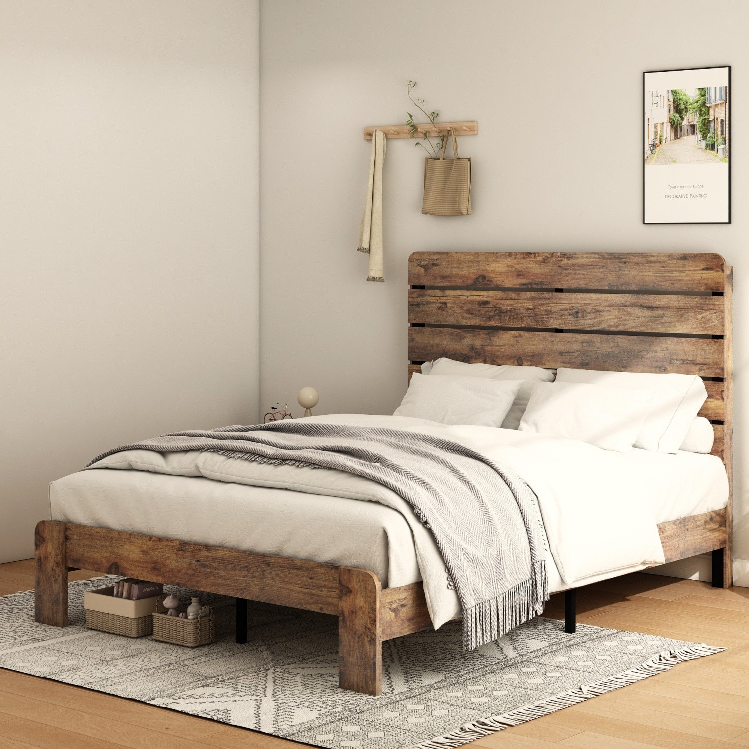 King Size Wood Platform Bed Frame w/ Headboard No Box Spring Needed Dark Brown