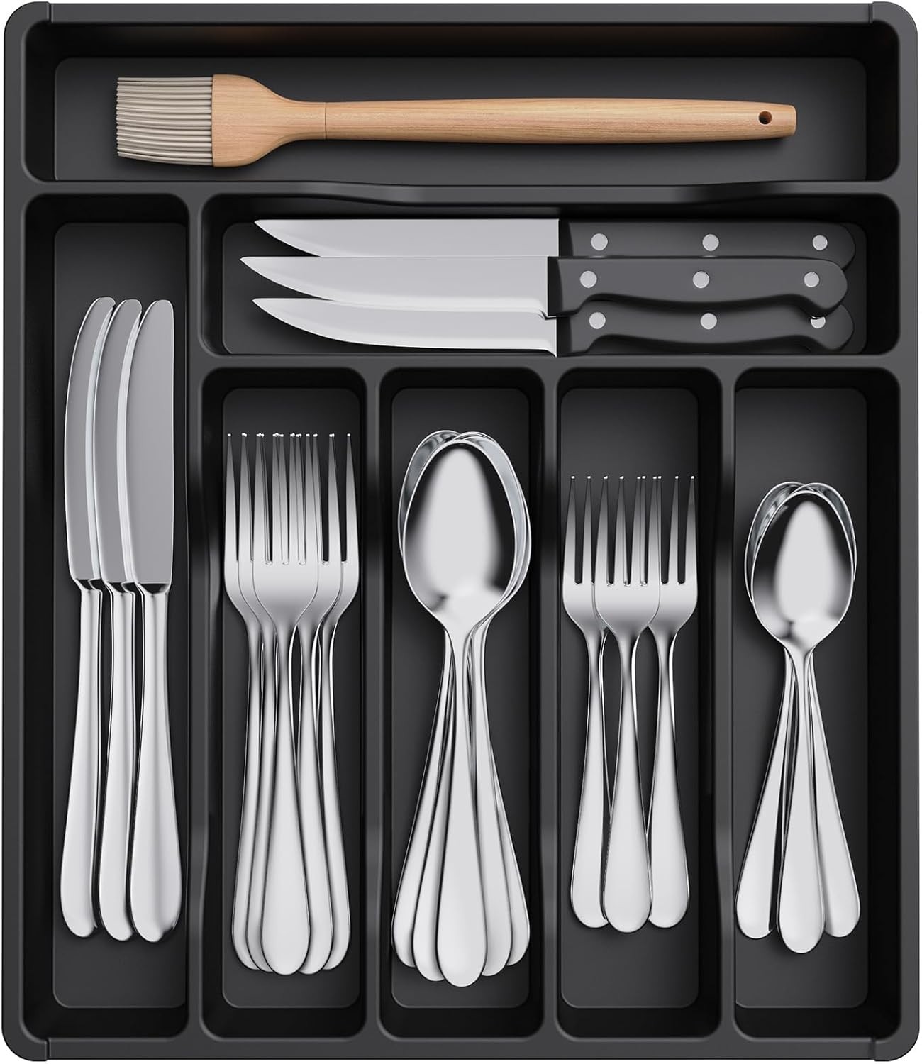 Lifewit Silverware Drawer Organizer Tray, 12.3 x 14.2 inch (7 Slots), Black