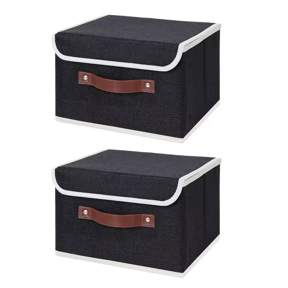 Black 15 In. X 10 In. Linen Decorative Basket Set of 2 with Lid and Leather Hand