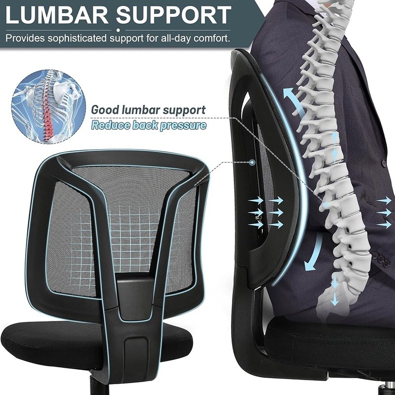 Armless Height Adjustable Mesh Office Chair W/ Lumbar Support Small Spaces New