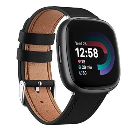 Leather Bands Compatible with Fitbit Versa 4 Bands/Fitbit Versa 3 Black