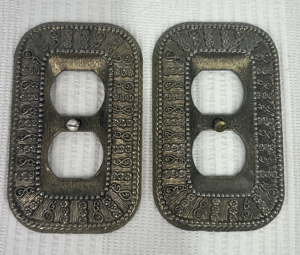 Pair Of Amer Tack & Hdwe 1968 50T Switch Plate Cover Metal Ornate Vintage
