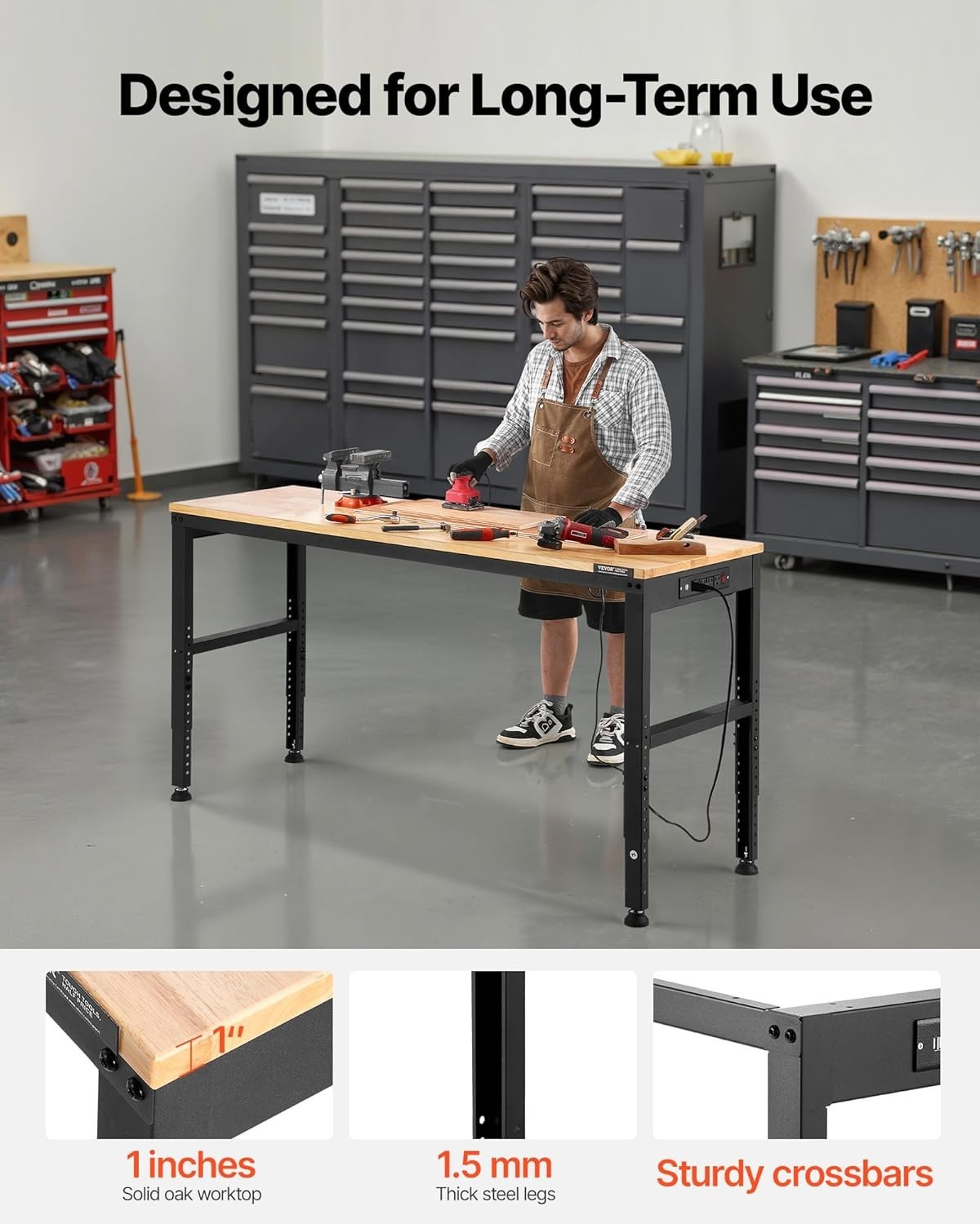 Robust Oak Wood Workbench - 2000 lbs Capacity with Adjustable Height Features