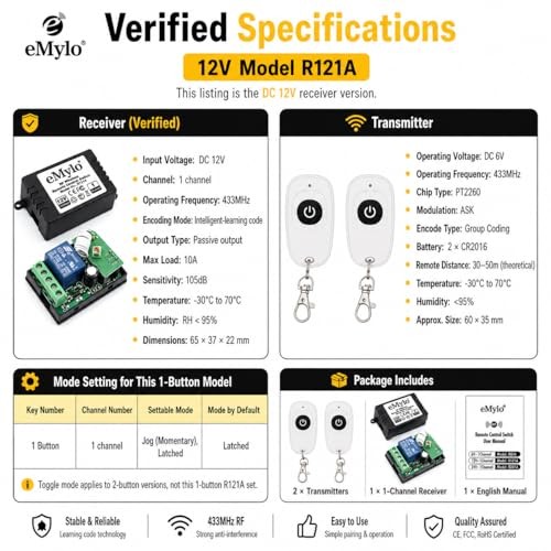 Smart RF Relay Switch eMylo Wireless Remote Control Switch DC 12V 12V 1-Channel