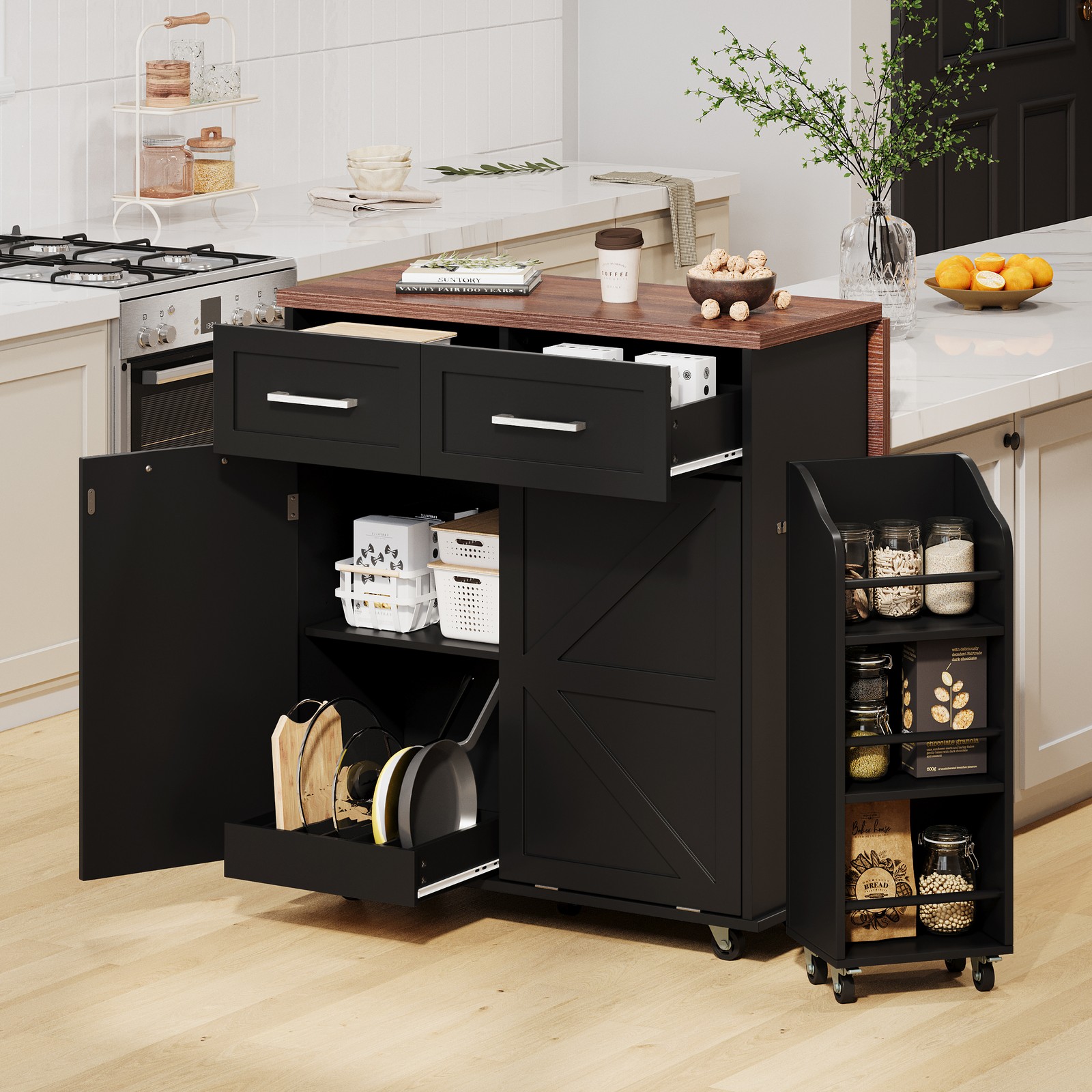K&K 47.2" Farmhouse Kitchen Island with Drop Leaf, Kitchen Storage Island with
