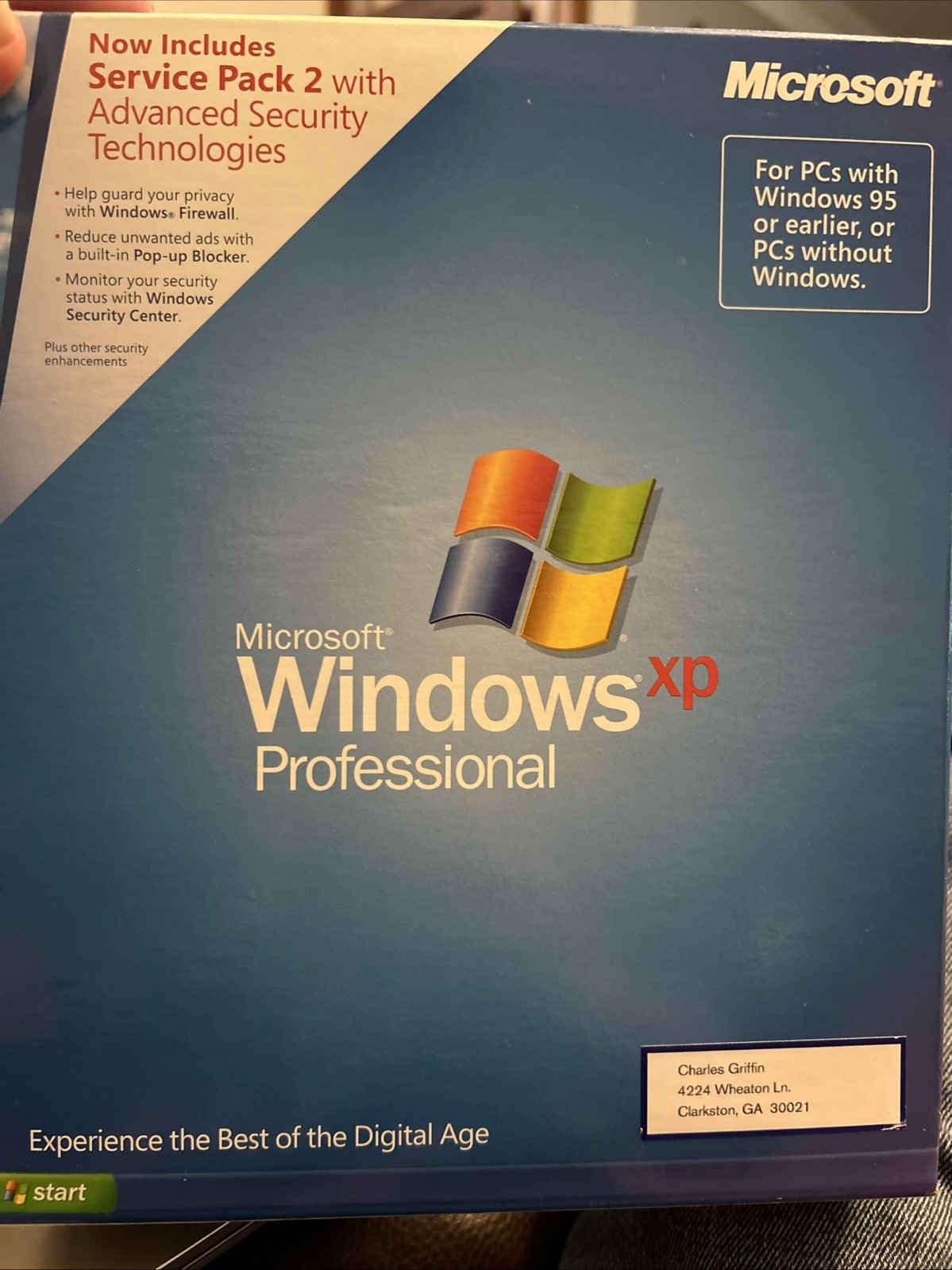 Microsoft XP Professional Version 2002 W Product Key Box And Manuals