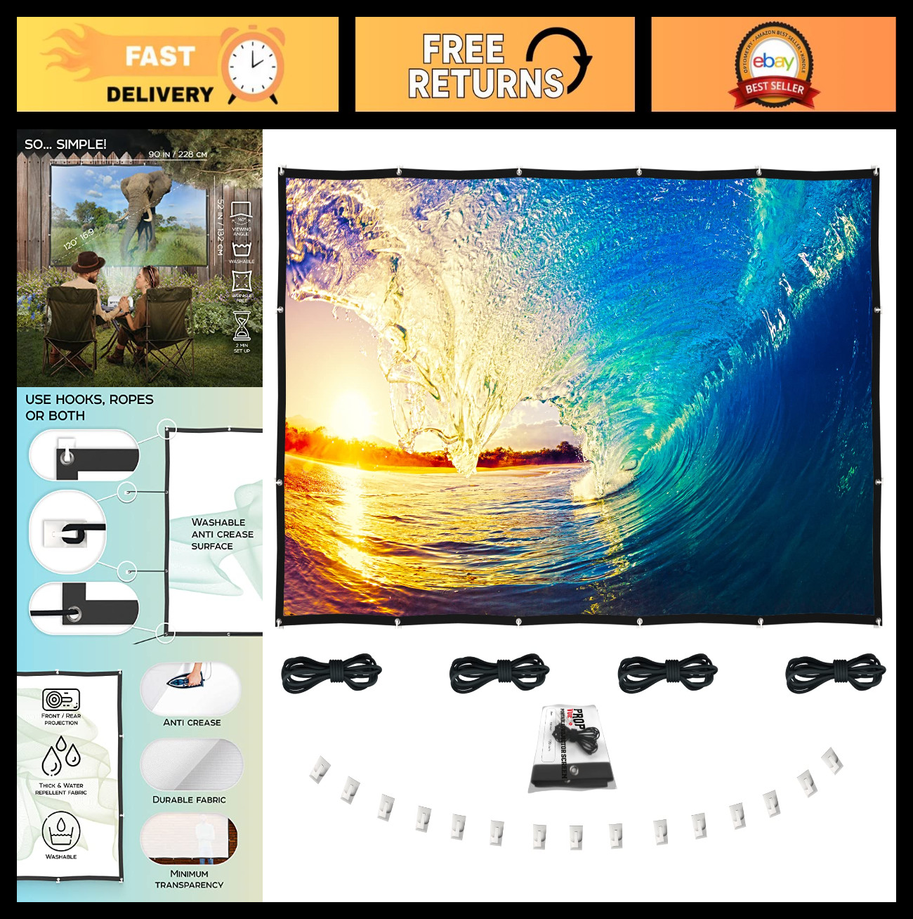 120" Portable Projector Screen - Foldable Indoor/Outdoor Movie Screen, Double-Si