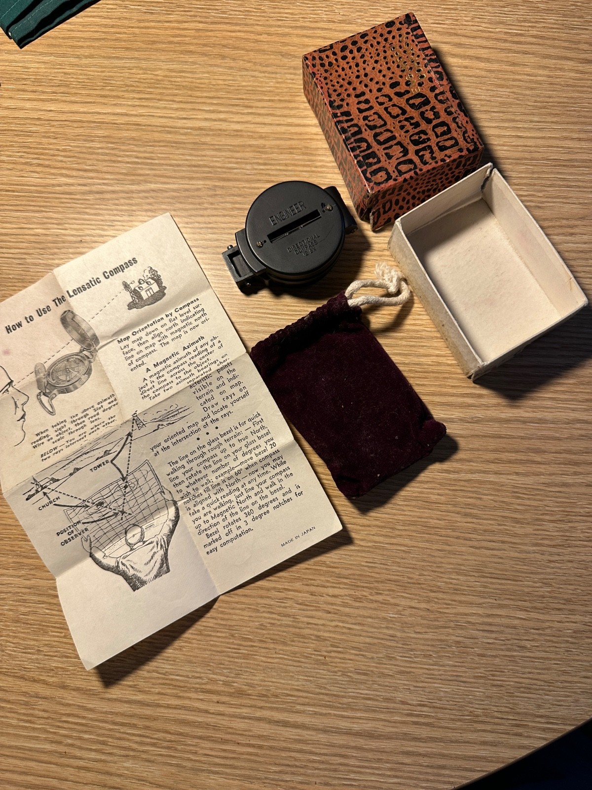Vintage Japan Lensatic Engineer Directional Compass in Box