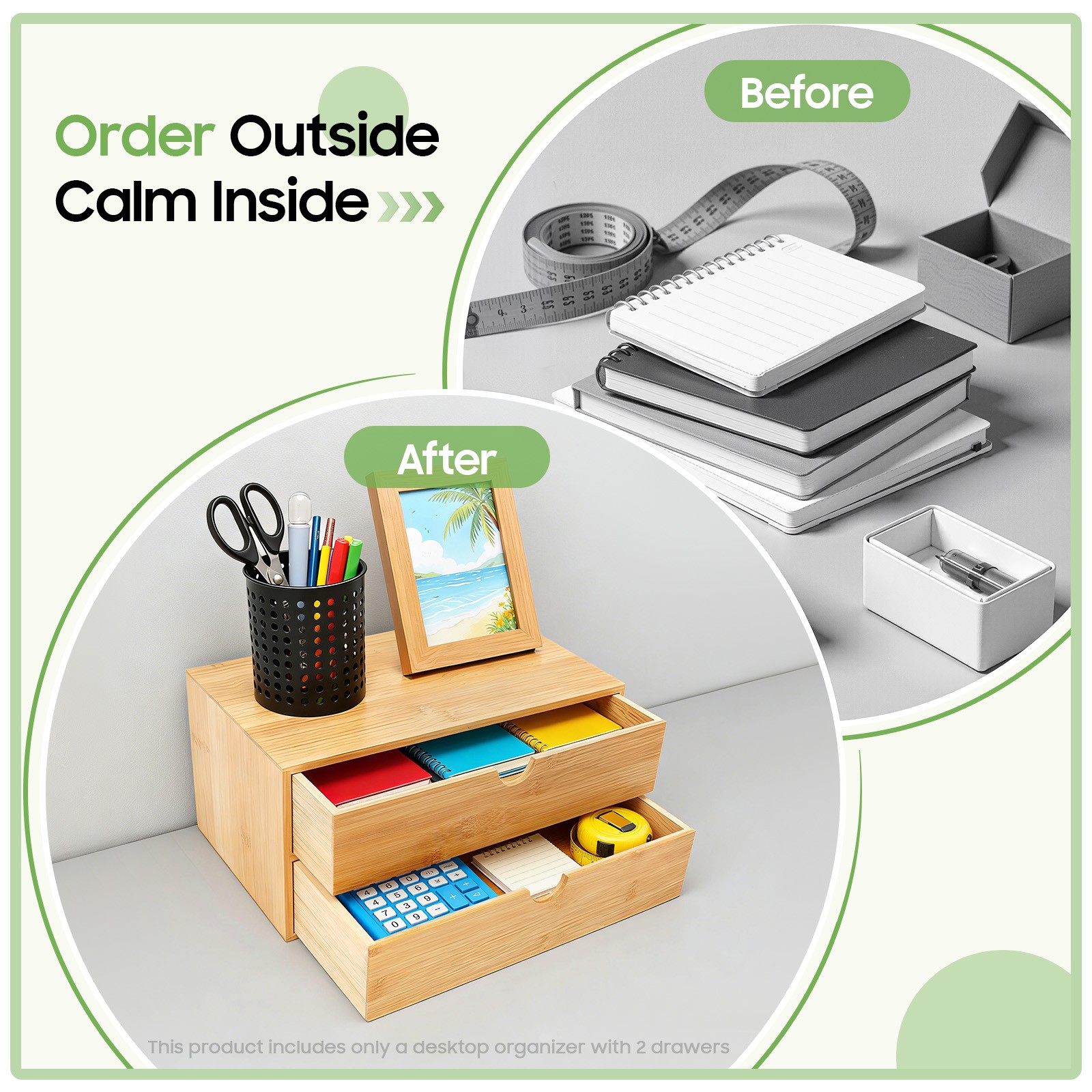 Small Bamboo Organizer for Desk, Tabletop Storage Organization Box with 2 Drawer
