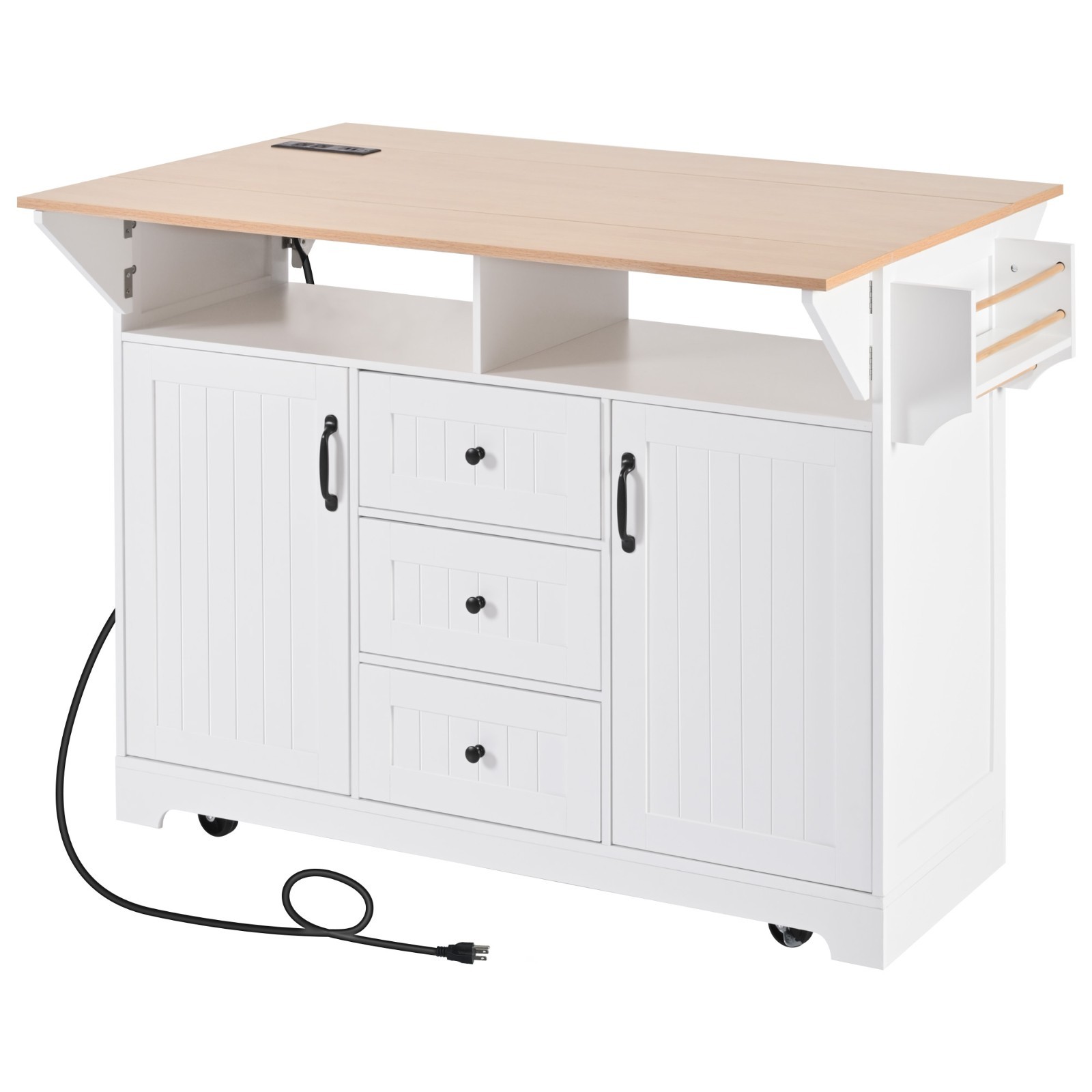 White 55.7'' Large Kitchen Island 2 Drop Leaf,, Rolling Kitchen Cart 5 Wheels