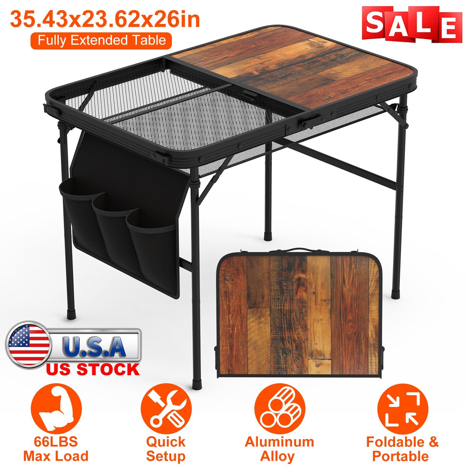 Grill Table Portable Outdoor Camping Table Height Adjustable with Side Pockets