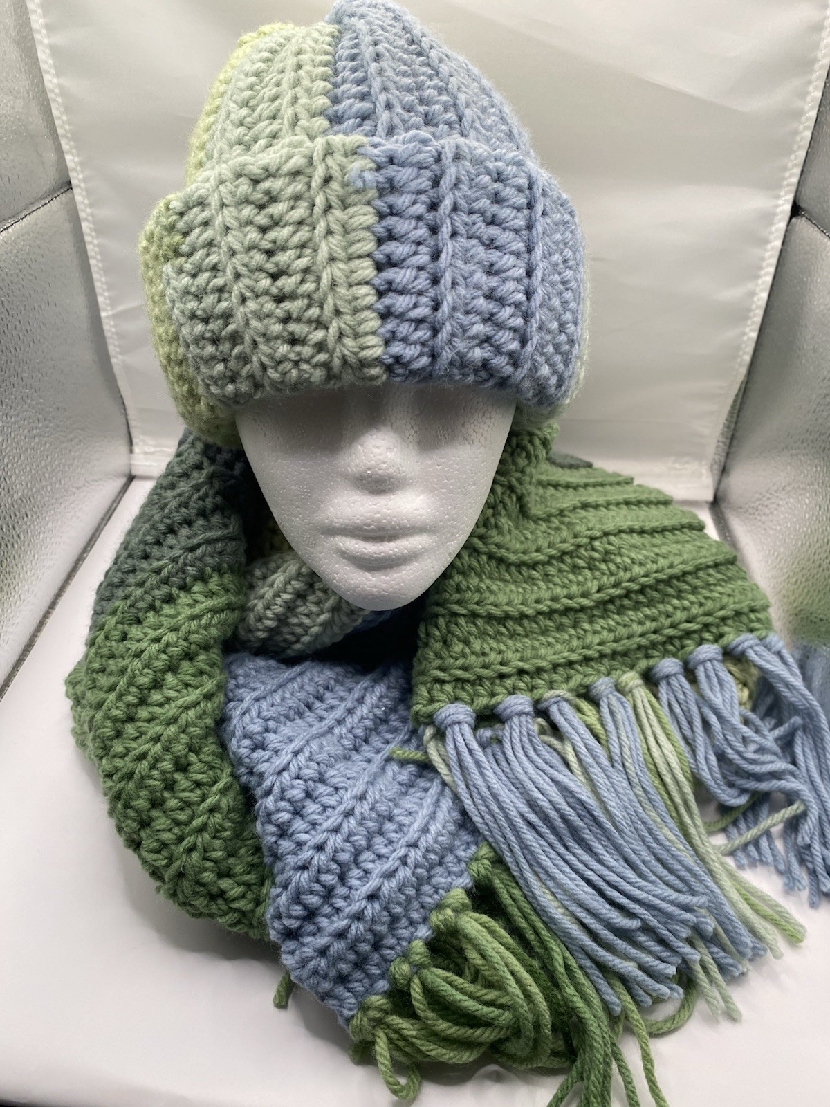 Crochet Cozy Beanie And Scarf Set . Multicolor Acrylic Yarn, Unisex Adult Size