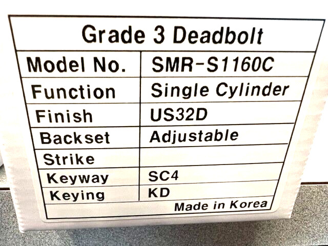 LOCKSMITH SMR-S1160C-US32D  SINGLE CYLINDER DEADBOLT SCHLAGE C 6 PIN