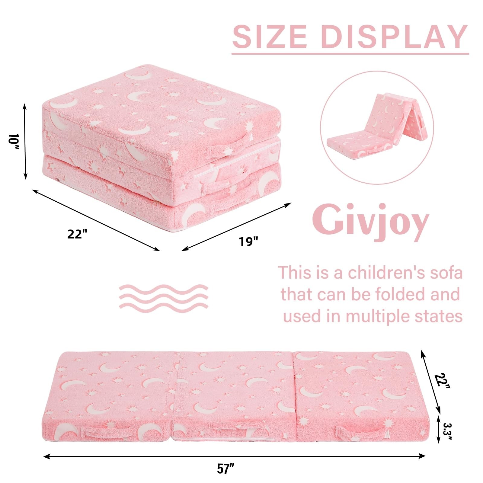 Foldable Floor Mattress for , Glow in The Dark Pink Moon Washable Tri Folding...
