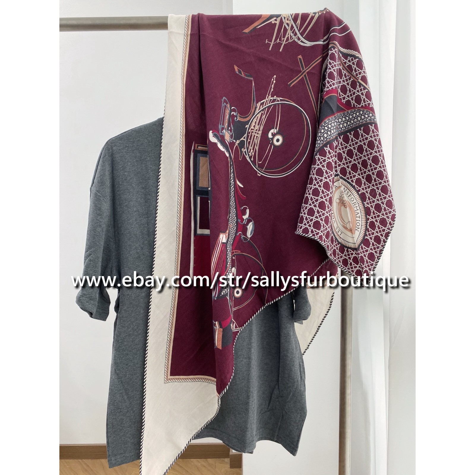 Sallys Cashmere & Silk Wrap Scarf Carriage Print Triangle Shawl 190 * 80cm Wine
