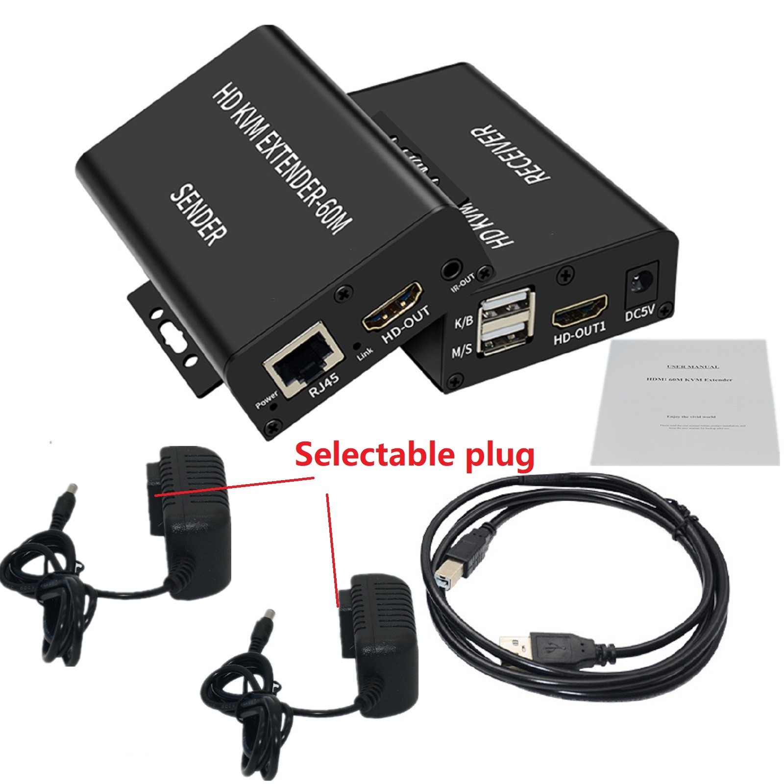 60M Video Extension Hub Adapter HDMI KVM USB-A RJ45 Lan Ethernet Extender
