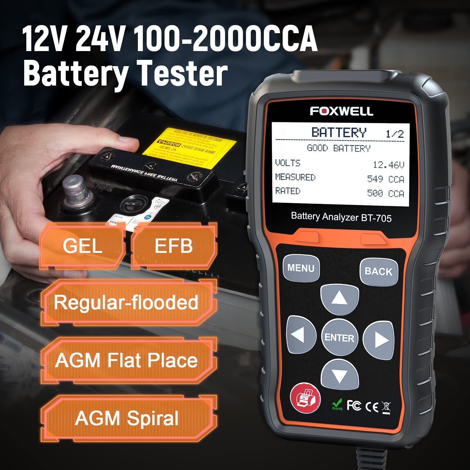 12V ~ 24V Automotive Battery Load Tester Car Charging Cranking Test 100~2000 CCA