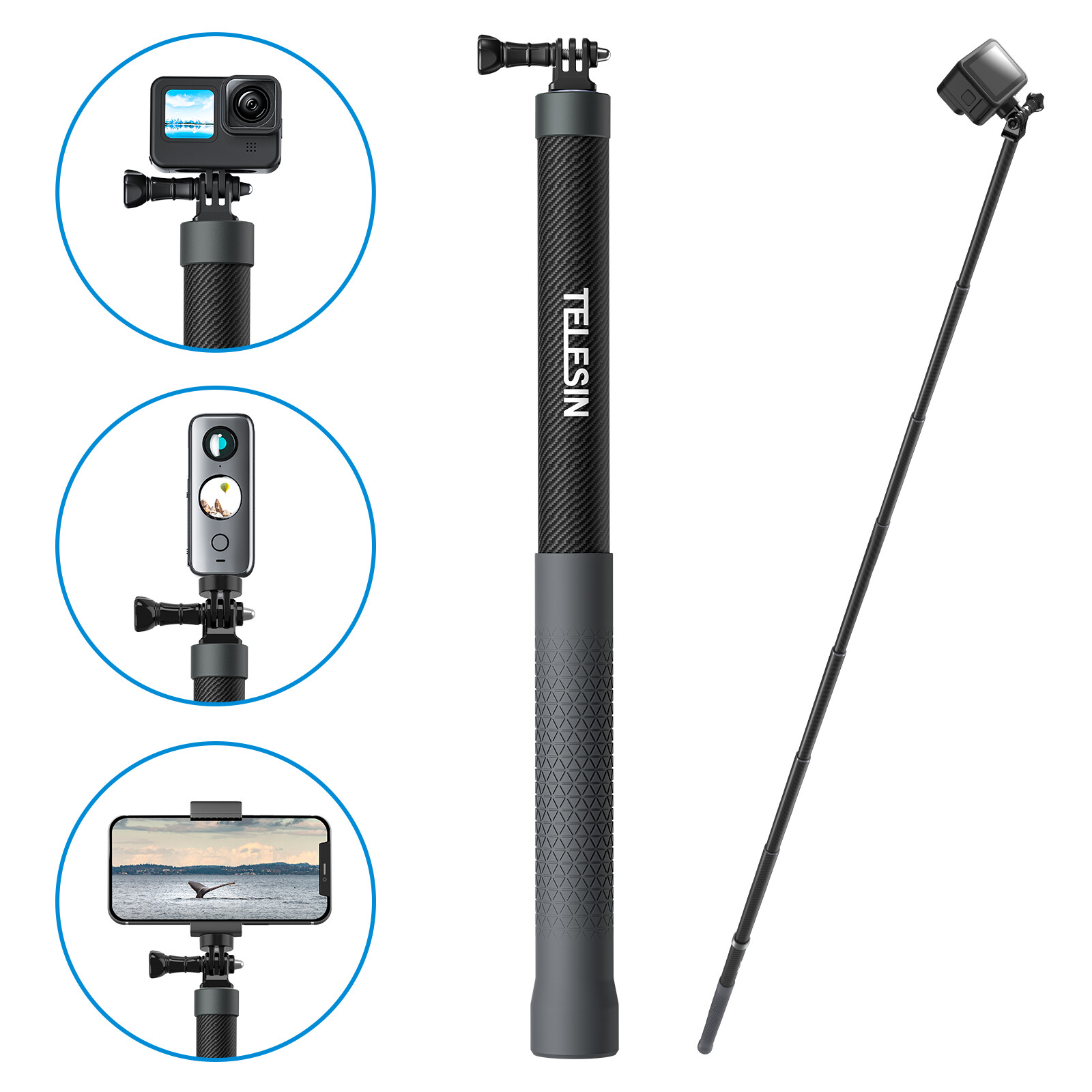 300cm Selfie Stick Carbon Fibre Extendable for Gopro 12 11 10 9 Insta360 Action