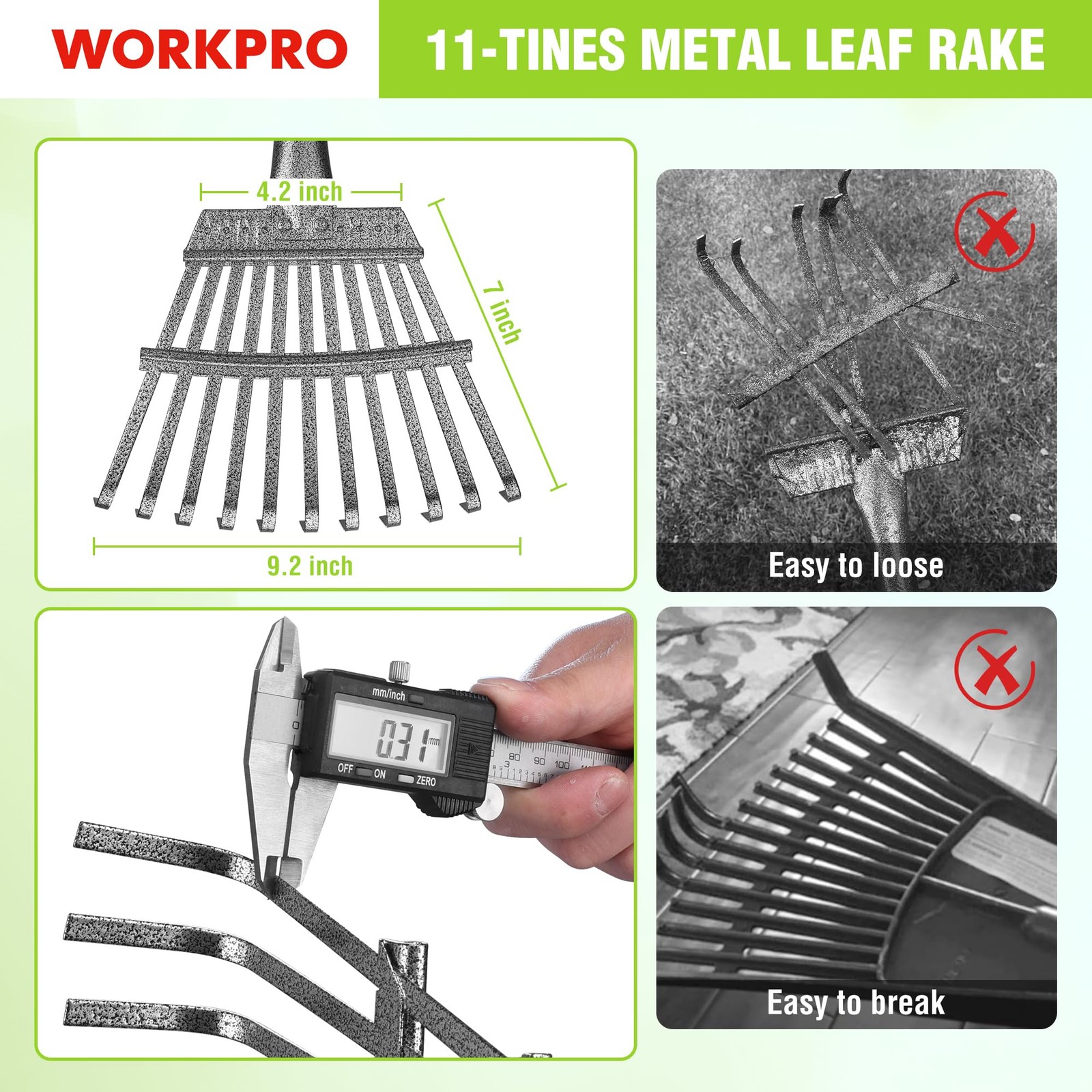 WORKPRO Rake, Small Rake for Leaves with 72” Adjustable Long Green & Black