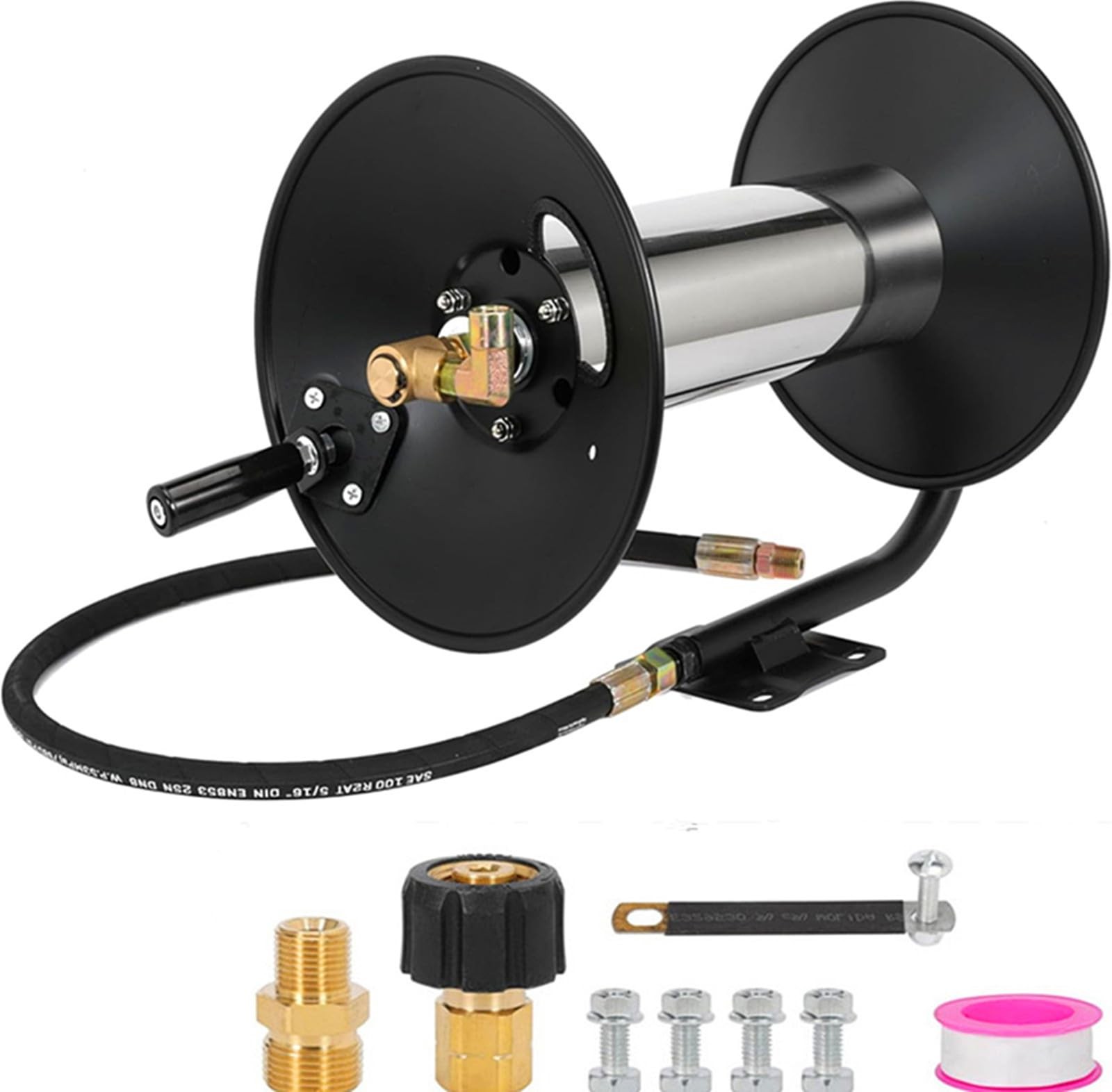3/8" Heavy Duty Steel Pressure Washer Reel, 100FT High Pressure Hose Reel wit...