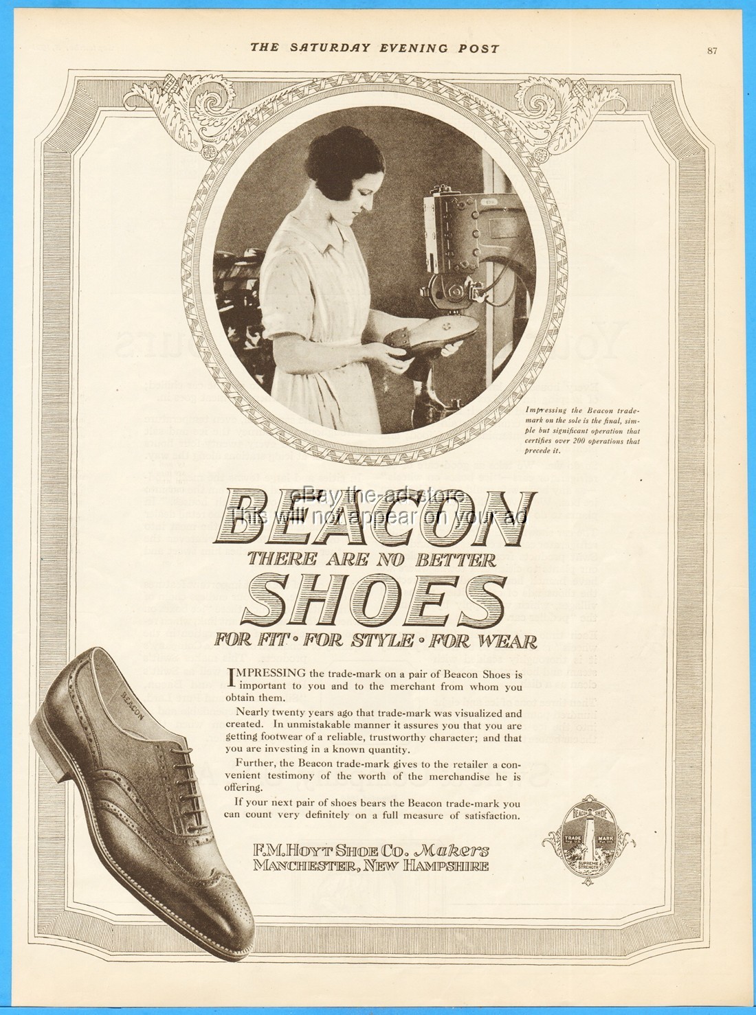 1921 Beacon Shoes F M Hoyt Shoe Co Manchester NH Woman Making Men's Shoes Ad