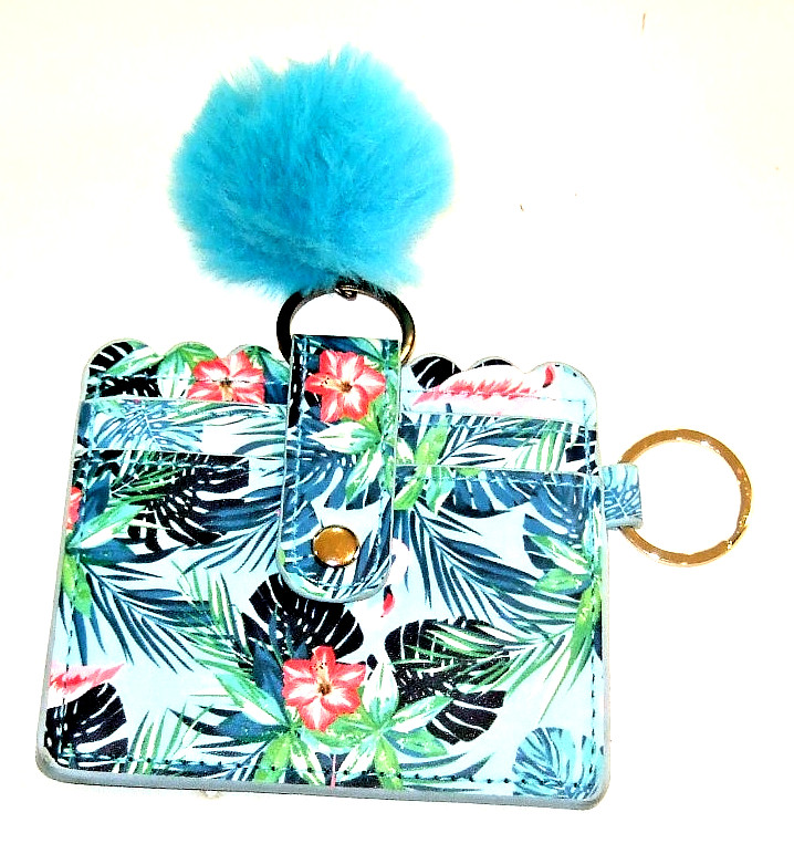 Blue Tropical Print Faux Leather Card Compartment Wallet With Keychain - NWOT