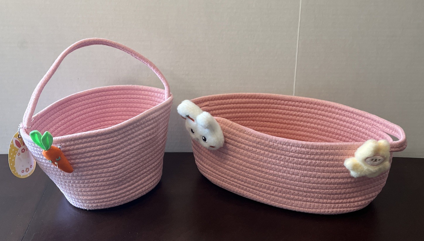 Lot Of 2 Pink Woven Cotton Storage Basket With Handles And Easter Pins