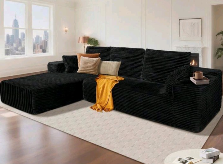 Black Corduroy Striped Sofa 106" Deep Seat Wide Arm Contemporary Couch