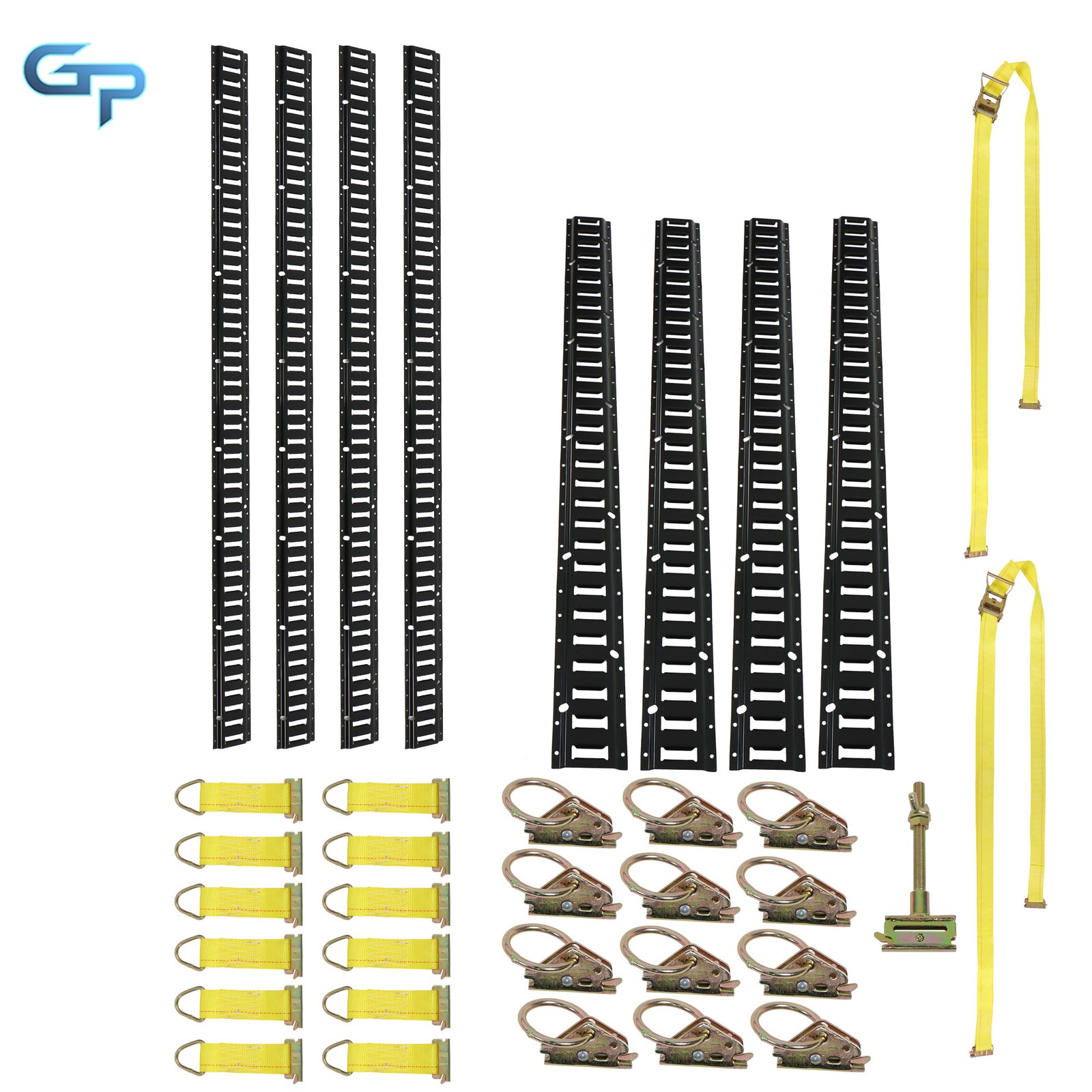 4× 5' & 4× 8’ E Rails 12× O-Rings 12× D-Ring 2× 12‘ Ratchet Straps Steel