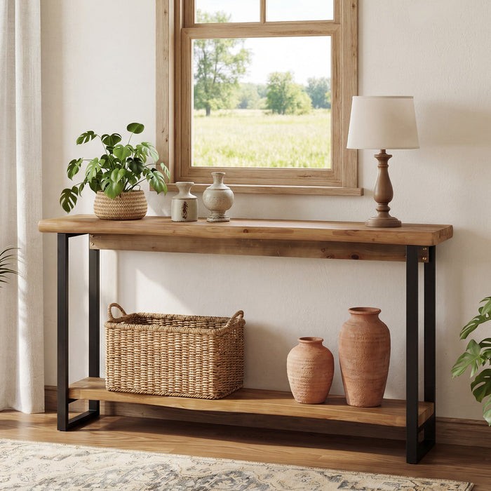 63" Solid Wood Console Table Modern Long Narrow Entryway Table with Metal Legs