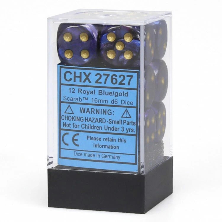 CHX27627 Chessex Manufacturing Scarab: 16mm D6 Royal Blue/Gold (12)