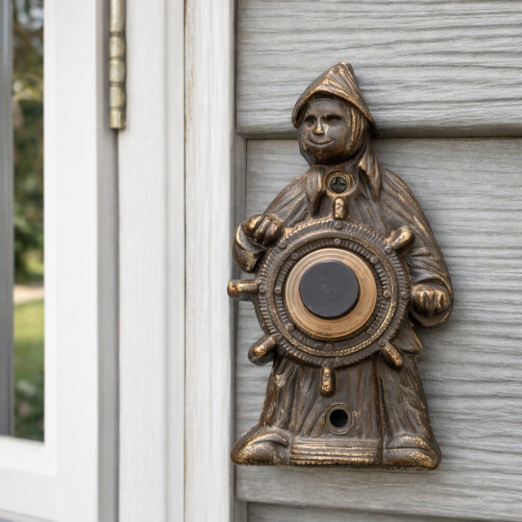 Vintage Nautical Sailor Doorbell Button Ship Wheel Figural Cast Iron 1971