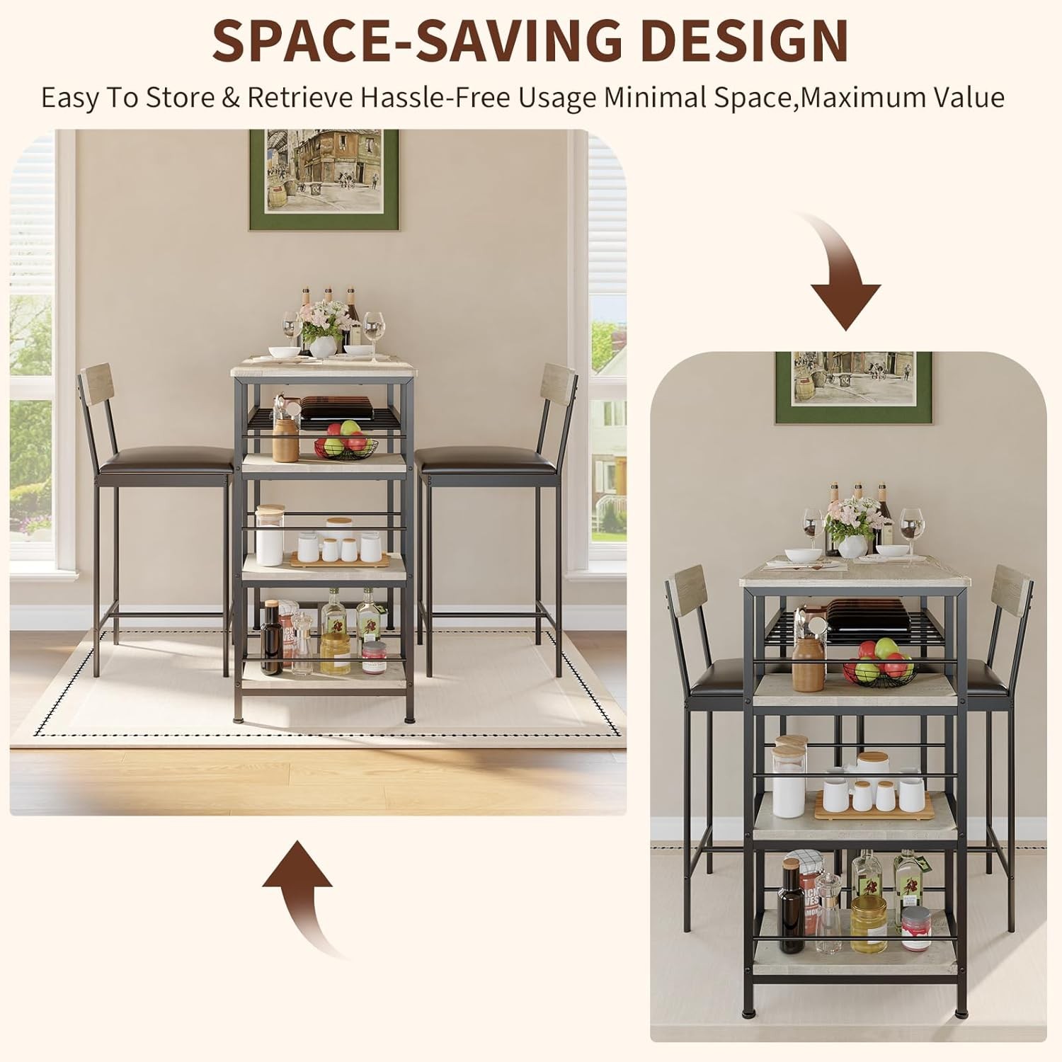 3-Piece Dining Table Set w/ Upholstered Bar Stool Wine Rack Kitchen Dining Room