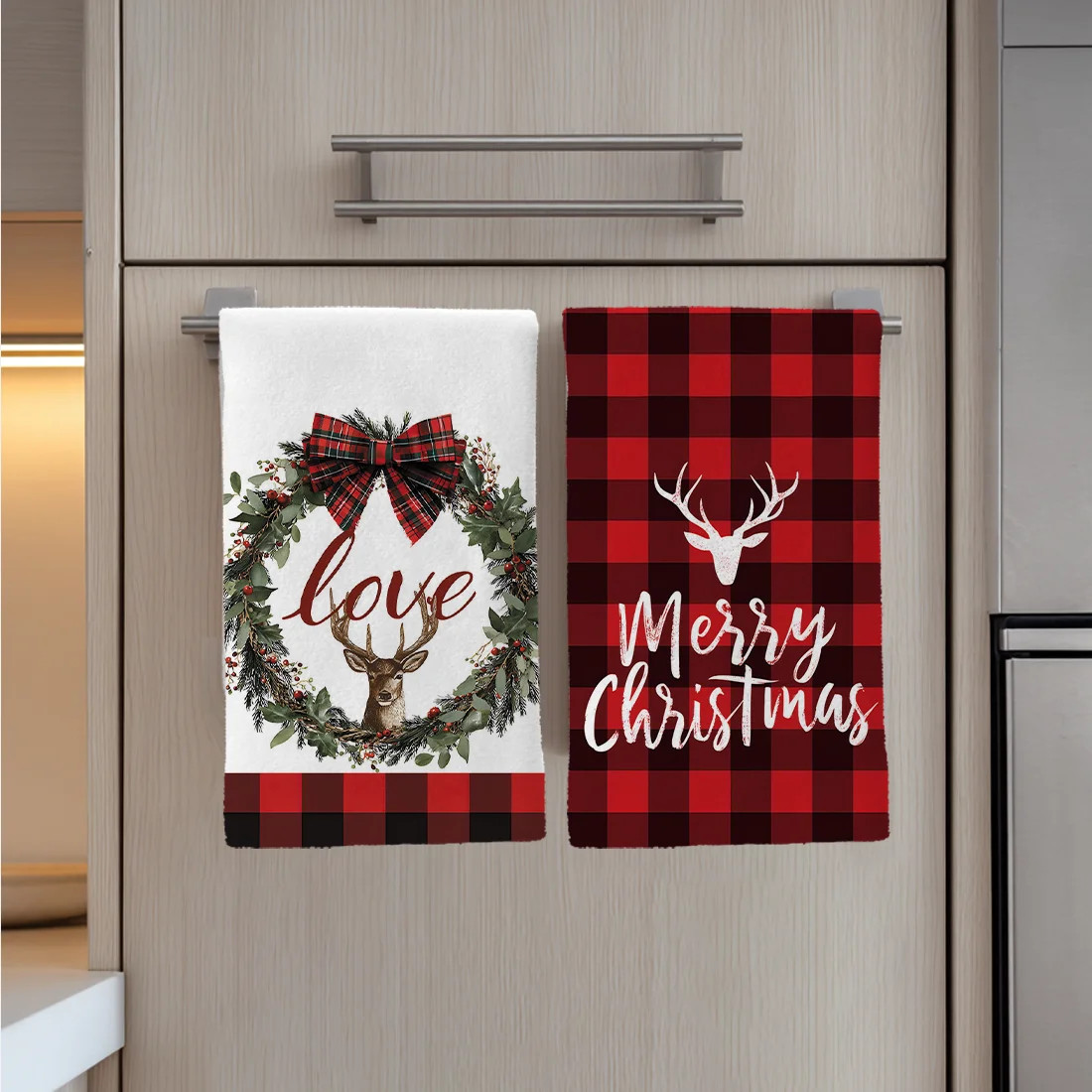 2PCS Grid Christmas Elk Wreath Kitchen Towels Dish Towel Dish Cloths for Kitchen
