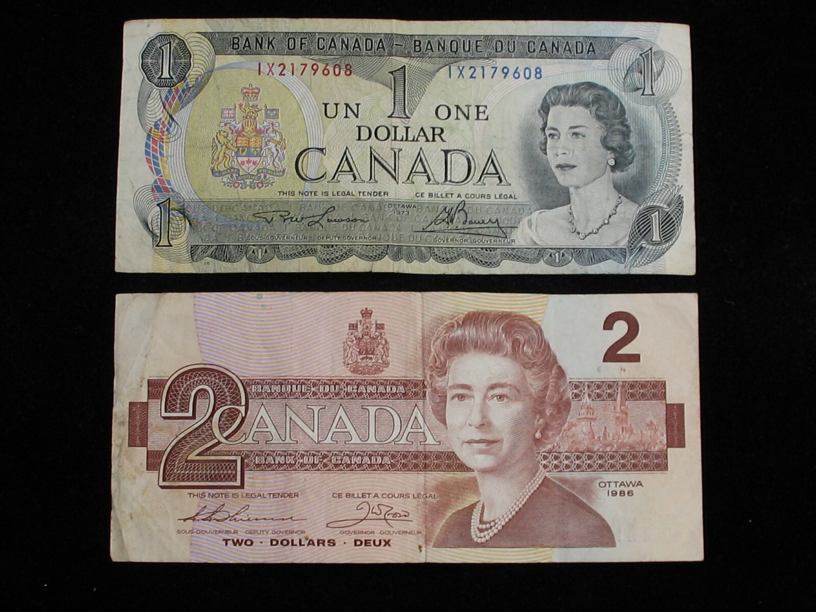 CANADA  ONE & TWO DOLLAR PAPER NOTES * QUEEN ELIZABETH II *