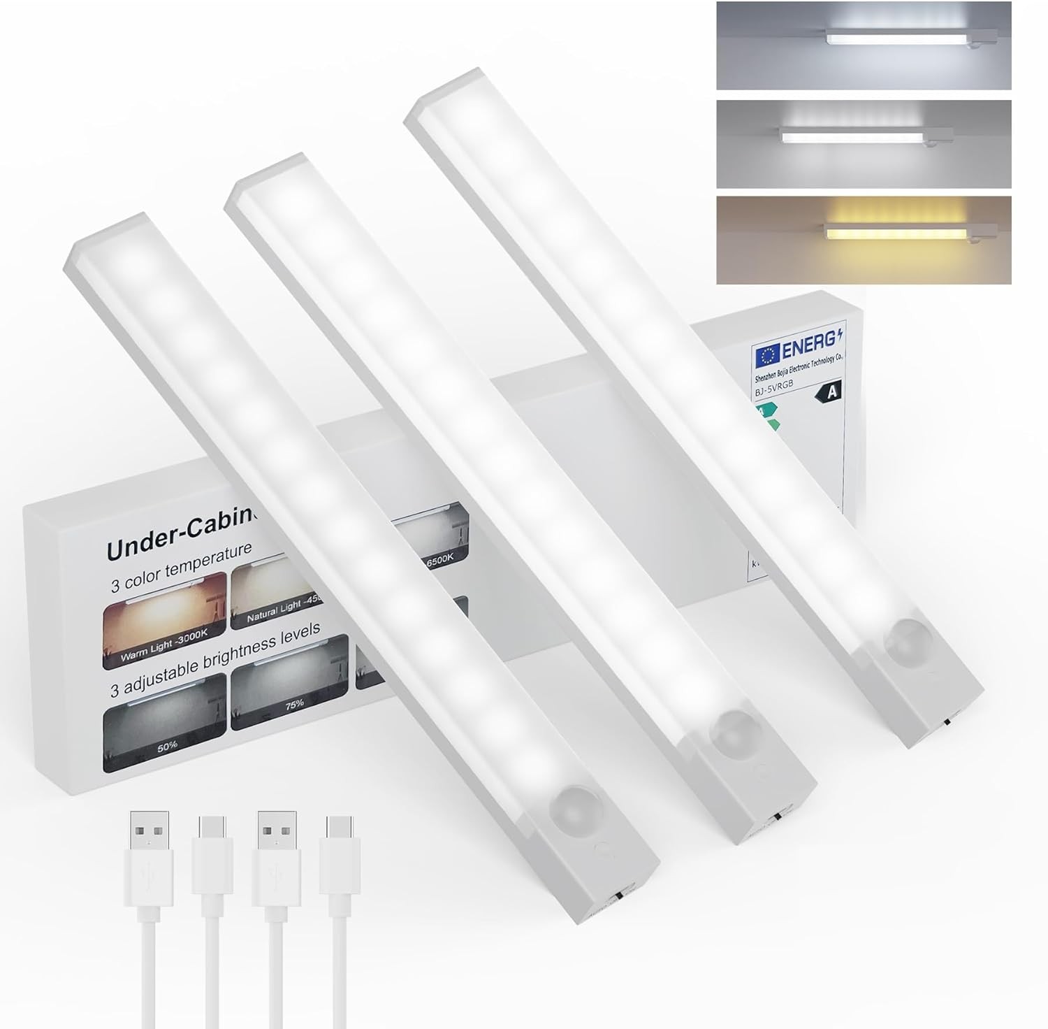Under Cabinet Lighting 8 Inches Rechargeable Motion Sensor Light Indoor, 3 Color