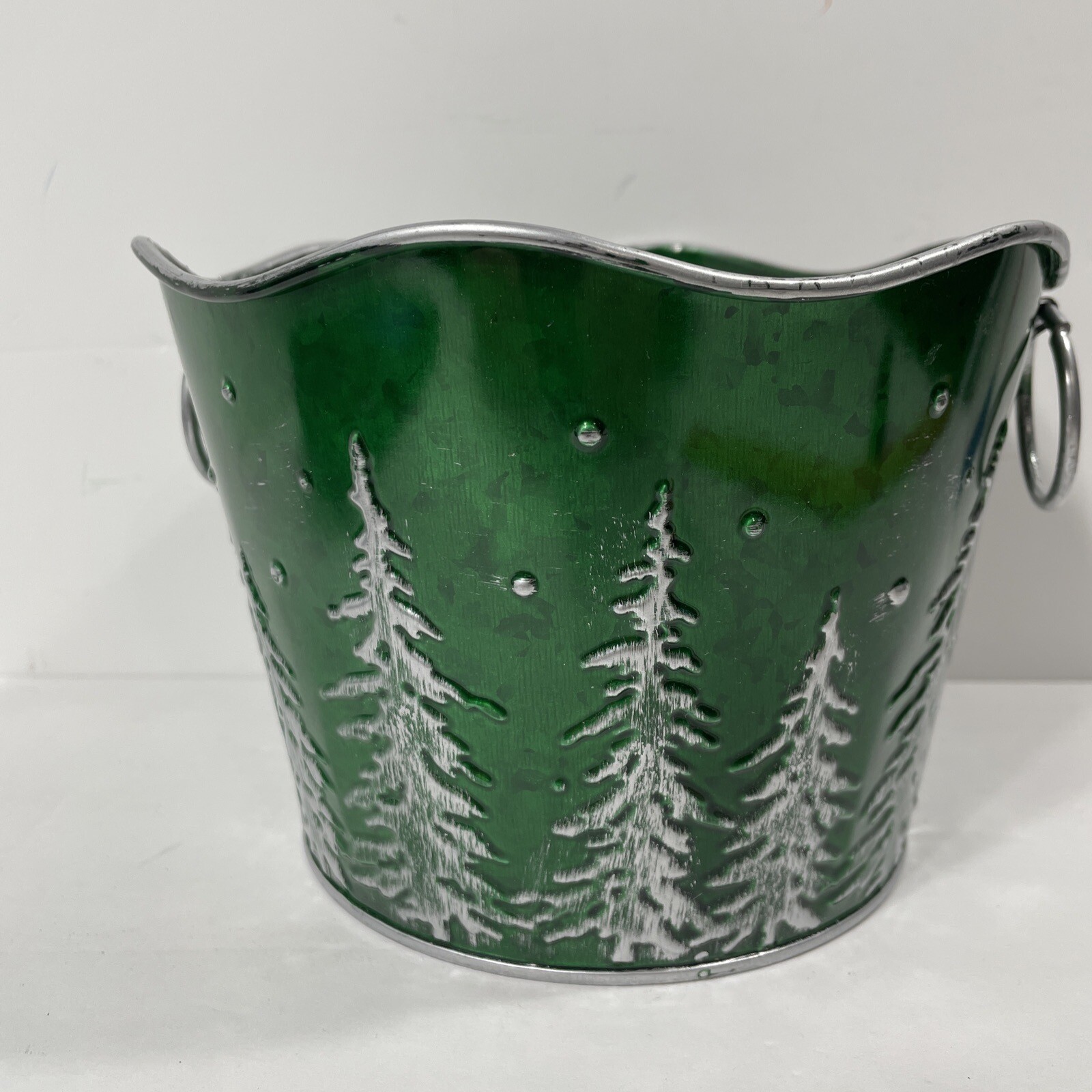 Rustic Forest Green Evergreen Tree Metal Ring Handled Bucket Pail Basket Decor