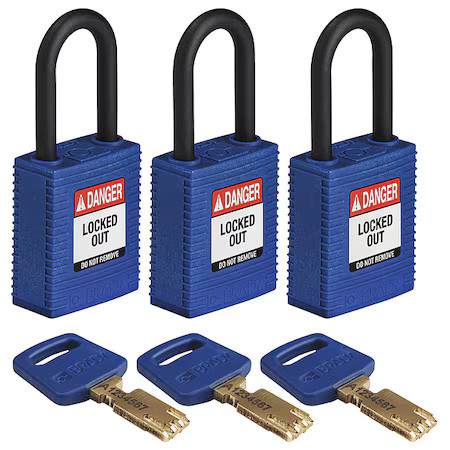 Brady Nyl-Blu-38Pl-Ka3pk Lockout Padlock, Keyed Alike, Nylon, Blue, 1 1/2 In