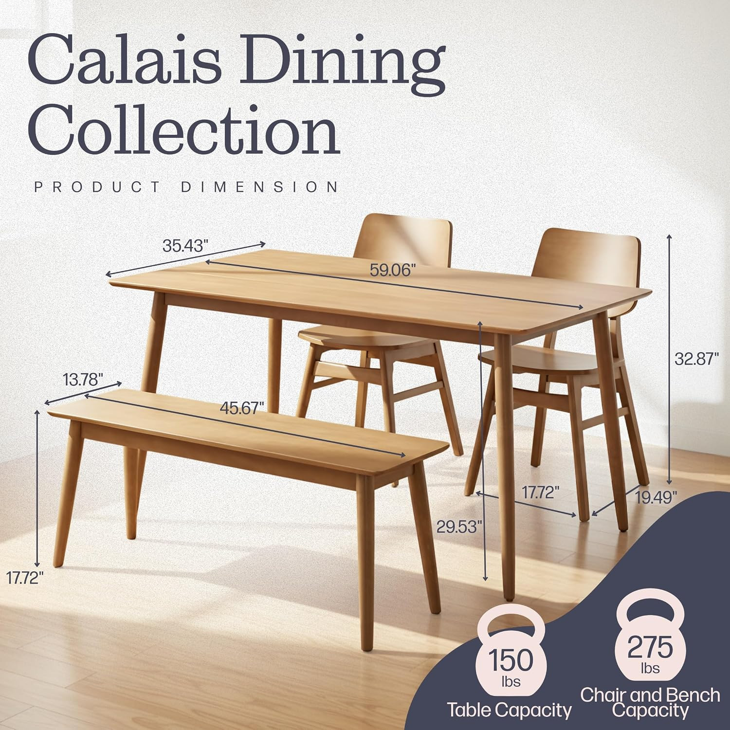 Calais Dining – 4 Piece Dining Table Set for 4 with Chairs and Bench – Mid Centu