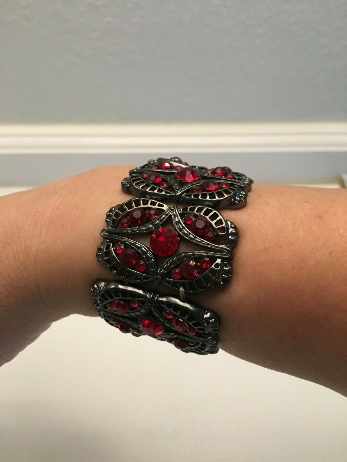 Red Stone Silvertone Bracelet