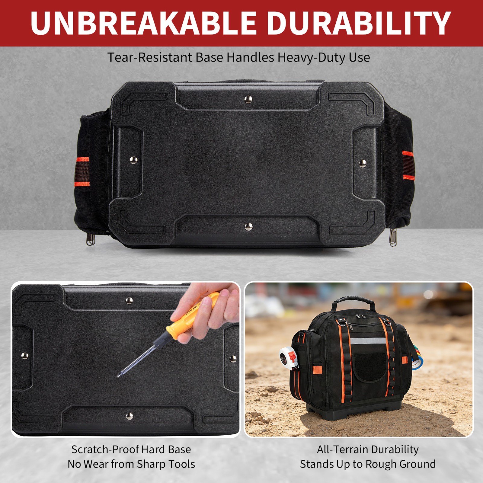 Polyester Tool Bag 15.7" with Rubber Base, 21 Pockets, Removable Shoulder Strap