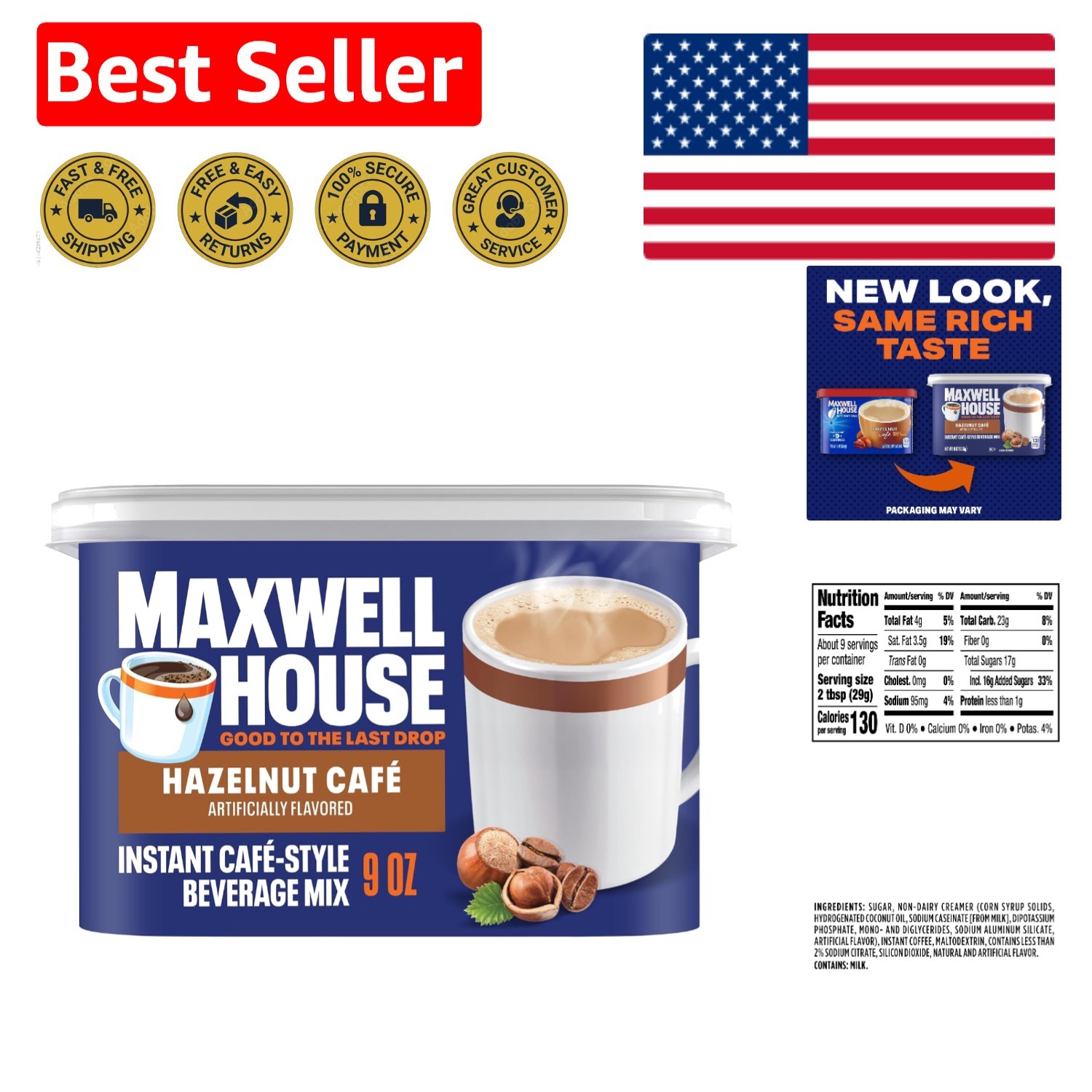 Cafe-Style Instant Hazelnut Coffee Mix - 9 oz Resealable Canister for Quick Brew